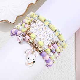KZL Happy Easter Bracelets Holiday Heishi Surfer Beaded Stretch Bracelets Set for Women Cute Easter Eggs Rabbit Bunny Carrot Enamel Charm Bracelets Festival Party Jewelry Gifts-Style 5