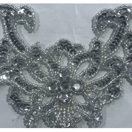 Unbranded Silver Sequins embroidery Crystal Beads 4” lace appliqués  1 Pc