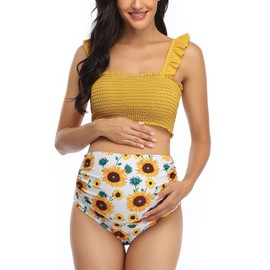 Summer Mae Maternity High Waist Bikini Swimsuit Two Piece Ruffled Hem Cute Bathing Suit Floral Pregnancy Swimwear Yellow L