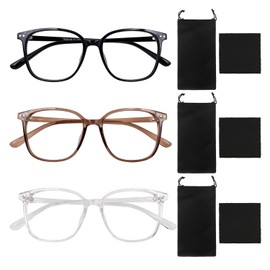 COACOM 3 Pack Anti Blue Light Glasses with Cleaning Cloth and Carry Bag, Fashion Glasses, Anti-Glare Anti Blue Light Protective Glasses, Filter Round Glasses (Black, Clear, Brown), Black, transparent,