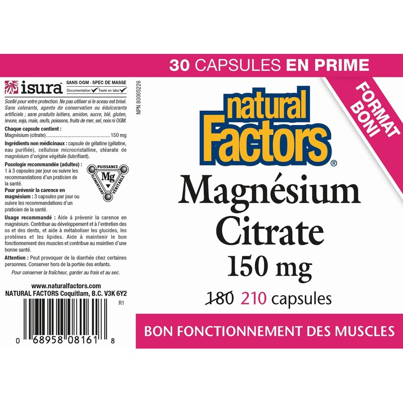 Natural Factors - Magnesium Citrate 150mg (Bonus Size) - 210