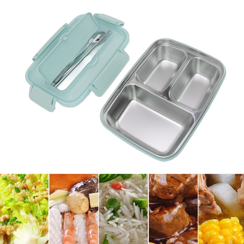 Lunch Box 3 Compartments 304 Stainless Steel Plastic Matching Spoon