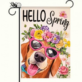 BlissYard Hello Spring Garden Flag 12x18 Double Sided Small Flags with Dog Backdrop for Spring Summer Garden Flags Outside Holiday Seasonal Decor Yard Flags Yard Patio Lawn Decoration