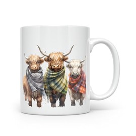 Noble & Page Hand Printed Ceramic Mugs - Watercolour Highland Cows in Tartan Scarves - Cow 5 | Dishwasher Proof | Made in The UK