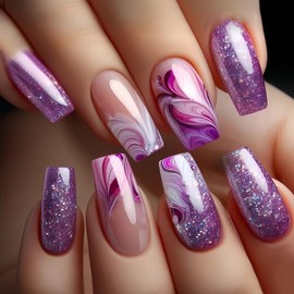 Stick on Nails - Pruple Glitter Square False Nails with Glue - Medium Press on nails - Elegant Printed Fake Nails for Women - Strong Glue on nails - Full Cover Nail Tips Long Lasting Manicure