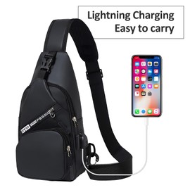 Focenat Men's Chest Bag, Sling Bag Shoulder Backpack, Waterproof Shoulder Bag, Anti-theft Leisure Chest Bag with Charging Port, Small Crossbody Bag for Hiking, Cycling, Travel, Camping (Black)