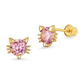 14k Gold Plated Brass Cat Pink Cubic Zirconia Screwback Girls Earrings with Sterling Silver Post