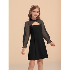 Haloumoning Girls Dresses Contrast Mesh Puff Long Sleeve Dress Kids High Waist A Line Wedding Party Dress 5-14Y Black