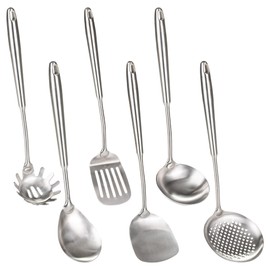 FJNATINH 6-Pieces 304 Stainless Steel Wok Spatula Set,Cooking Utensil Set,Soup Ladle Colander,Nonstick Kitchen Cooking Utensils Set with Spatula,Kitchenware Tools