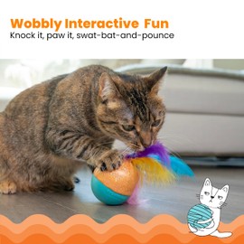 Catstages Whack N' Wobble Ball Intearctive Cat Toy, Weighted Ball with Feathers, Bell, Glitter Fabric & Catnip Oil, Turquoise