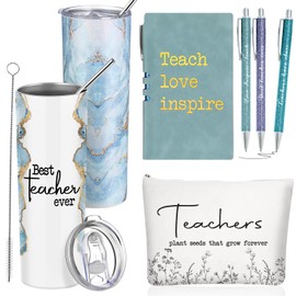 Domensi 6 Pcs Teacher Appreciation Gift Set for Women Staff 20 oz Marble Sign Tumbler Inspirational Ballpoint Pen Notebooks with Makeup Bag Christmas Teacher Thank You Gifts(Blue,Teacher)