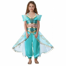 ENNOTEK Kids Jasmine Dress Fancy Party Princess Costumes Dress Up for Girls - Two Pieces Sequined Cosplay Outfit for Birthday World Book Day Christmas 7-8 Years