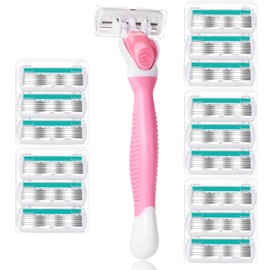Lasnten Set of 16 Razors for Women 6 Blade Shaving Razors for Women Include 1 Non-slip Handle and 15 Cartridges Lady Shaving Razor Refills for Sensitive Skin