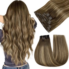Easyouth Real Hair Clip-In Balayage, Real Hair Clip-In Hair Extensions, Medium Brown with Honey Blonde and Medium Brown, 40 cm, 120 g, #4/27/4