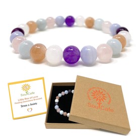 Stress and Anxiety Power Bead Bracelet - Crystal Gemstones - Gift Box and Tag - Moonstone, Lepidolite, Blue Lace Agate, Amethyst, Aquamarine, Rose Quartz, Sunstone