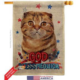 Patriotic Scottish Fold Burlap Garden House Flags Set Animals Cat Kitten Meow Spoiled Paw Fur Pet Nature Farm Animal Creature Small Decorative Gift Yard Banner Double-Sided Made In USA 28 X 40