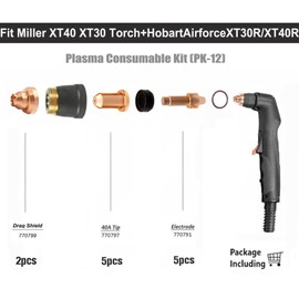 Plasma Cutter 40A Tips+Drag Shields+ Electrodes Kit for Miller XT-40 torch & Hobart Airforce 40i XT40R/XT30R Torch (770797/249928 &770799/249930&770791/249926）PK12