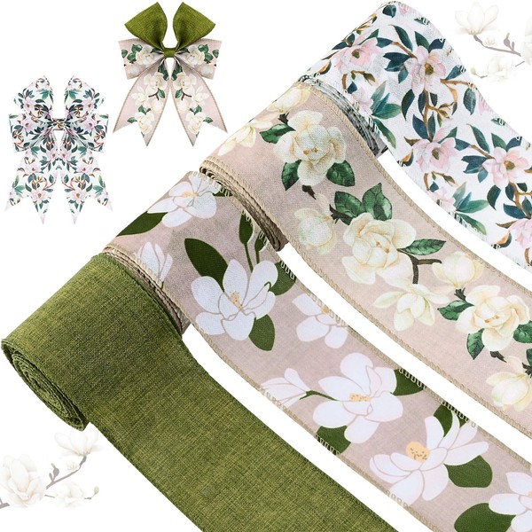 4 Rolls 20 Yards Magnolia Flower Wired Edge Ribbon Spring