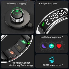 Telezim Smart Ring Health Tracker, Titanium Silver Round Design, Touch Screen, Bluetooth Connectivity, Water Resistant, Health Monitoring for Adults(Black, 10#(20mm))