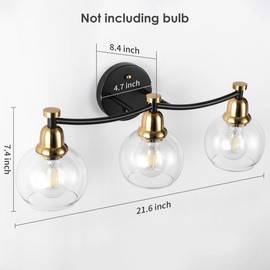PAZALA Black and Gold 3 Lights Vintage Bathroom Vanity Light Fixtures Over Mirror Industrial Globe Clear Glass Farmhouse Wall Sconces Fixture(Exclude Bulb)