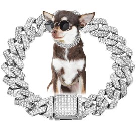Silver Dog Chain, Diamond Cuba Link Dog Collar Metal Dog Necklace Cat Chains Pet Crystal Collars Jewelry for Small Medium Large Dogs Cats, 14-inch