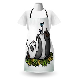 Lunarable Funny Apron, Sleeping Panda Bear and Birds on Her Belly Childish Friend Nature Animal Cartoon, Unisex Kitchen Bib Apron with Adjustable Neck for Cooking Baking Gardening, Multicolor