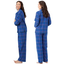 PajamaGram Womens Flannel Pajamas Plaid - Button Down PJs, Indigo, M, 8-10