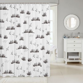 Hunting Duck Shower Curtain,Sketch Duck and Lake Leaves Bathroom Curtain for Kids Boys Men Cabin Room Decor,Rustic Farmhouse Animals Waterproof Curtain Grey White Bath Curtain,12 Hooks,72"Wx72"L