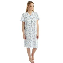 iTRONiK Ladies Floral Incontinence womens Open Back Nightie Hospital Nightdress For Continence Problems Maternity Dress Polycotton Nightdresses UK Size 8-30 (Blue, 12-14)