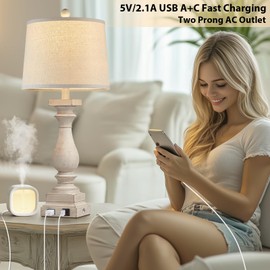 MOUVOVO 28" Tall Farmhouse Table Lamps with USB C+A Ports and AC Outlet, 3 Way Touch Control Rustic Bedside Lamps for Bedroom, Beige Vintage Nightstand Lamps for Living Room Office