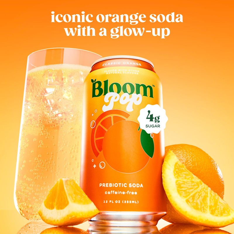 Bloom Pop Prebiotic Soda 12 Pack, Classic Orange Flavor, 12oz