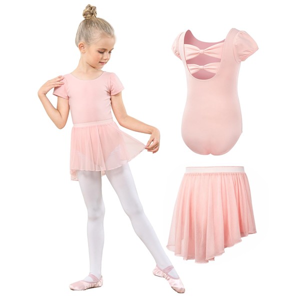 JiAmy Girls' Ballet Clothing, Cotton Short Sleeve Ballet Leotard, Dance Body + Chiffon Wrap Skirt, Tutu Skirt, Dance Dress, 2-Piece Ballet Suit for Children, Toddlers, 3-11 Years, pink