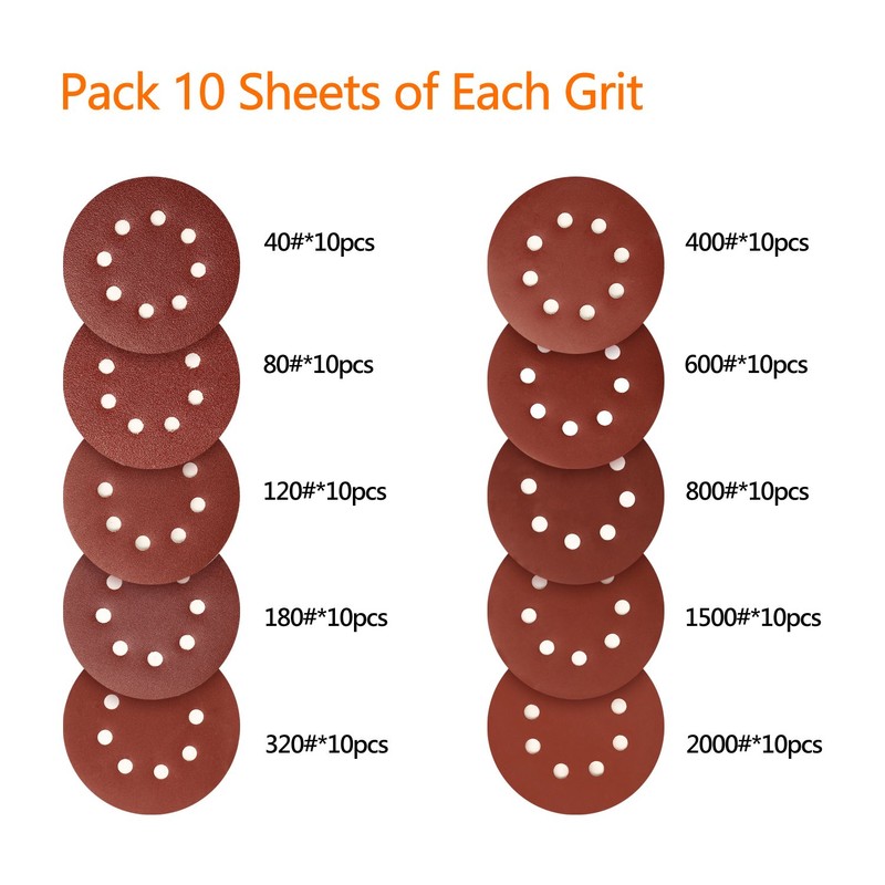 Sanding Discs Pads,SPTA 100Pcs 125mm Orbital Sander Discs, Hook and