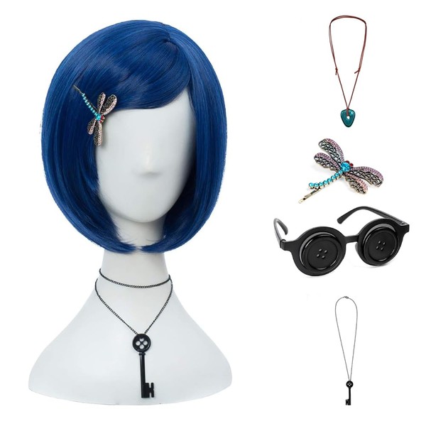 Coraline Women Cosplay Wig Dark Blue Bob Short Straight Hair