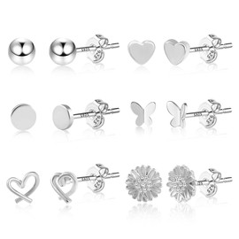 ASH'S CHOICE Women's 925 Silver Earrings, 6 Pairs of 925 Silver Stud Earrings, Small Earrings Set, Multipack Glitz Stud Earrings with Rhinestones, Zirconia, Leaf, Star, Moon, Leaf, Ball Stud Earrings,