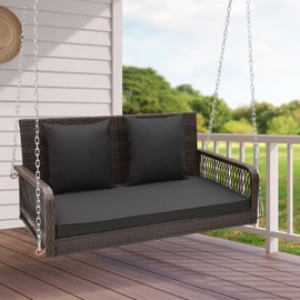 HAPPYGRILL Porch Swing Outdoor 2-Person Hanging Bench Chair with Seat & Back Cushions, Heavy-Duty Metal Structure & 2 Hanging Chains, Wicker Rattan Woven Loveseat Swing for Front Porch Backyard Garden