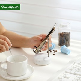 TransMarble Marble Phone Stand with Metal Holder, Charging Available While Using, Swipe Up to Unlock, Made of Natural Marble as Business Card Holder for Office Desk (Starry White + Black)