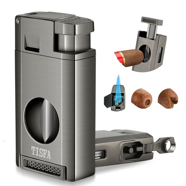 TISFA Torch Lighter with Cigar V Cutter, Hole Punch, Double