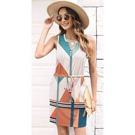 ETCYY Womens Summer Casual Dresses Sleeveless Beach Vacation Sundresses Drawstring Waist Short Striped Dress with Pockets,Block Striped,Large
