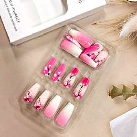 Flower False Nails Pink Gradient Press on Nails Medium Ballet Shaped Spring Fake Nails Press Nails with Design Floral Stick on Nails Artificial Coffin Nails Acrylic Glossy Glue on Nails for Women