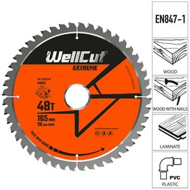 WELLCUT TCT Saw Blade, Circular Saw Blade 165mm x 48T x 20mm Bore for DSS610, DSS611, DCS391, HD18CS, Wood, Wood with Nails, Plastic, Laminate