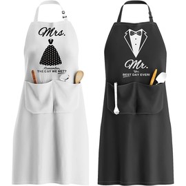 AEEGO 2 Pack Bib Apron - Mr and Mrs Aprons,Couple Apron，Unisex Black Apron Bulk with 2 Roomy Pockets Machine Washable for Kitchen Crafting BBQ Drawing