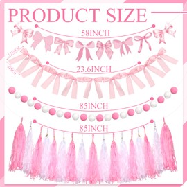 Colingmill 4 Pcs Pink Bow Garland Banner Coquette Birthday Decorations Pink Bow Ribbon Banner Tassel Pom Pom Garland for Baby Shower Decorations