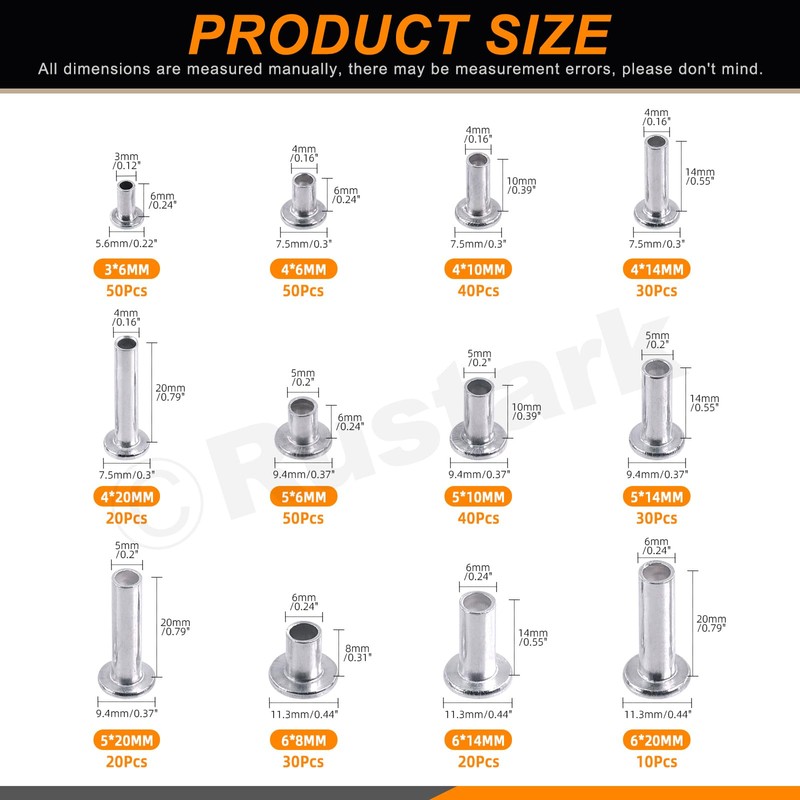 Rustark Round Flat Head Rivet Nuts Stud Rivet Semi-Tubular Silver
