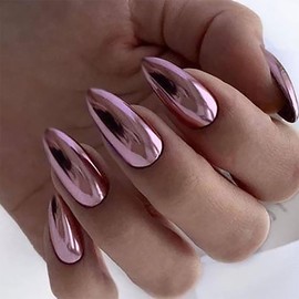 Baby Pink Chrome Press on Nails Medium Almond, MABKJLF Mirror Metal Stiletto Fake Nails Acrylic Nails with Bling Design, Fall Winter Glue on Nails for Daily Party Wear, False Nails Press ons in24 PCS