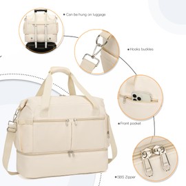 Kono Travel Duffel Bag 32L Water-Resistant Gym Tote Bag with Shoes Compartment Cosmetic Bag Detachable Shoulder Strap Lightweight Holdall Luggage Bag Weekend Bag with Trolley Sleeve (Beige)