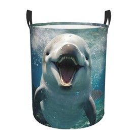 BREAUX Funny Animal Dolphin Printed Circular Laundry Basket (With Handle) Waterproof Oxford Cloth Laundry Basket Toy Storage Box, Medium, Black