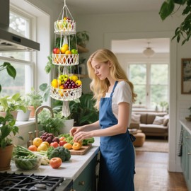 Blleshelfl 3 Stöckiger Obstkorb Hängend, Handgewebter Obstkorb Hängend aus Baumwollseil, Hängende Obstkörbe,Obstnetz zum Aufhängen,Geeignet für Wohnzimmer und Küche mit Obst, Gemüse und kleinen Snack