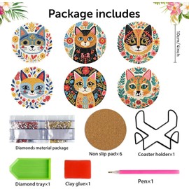 6 Pack Diamond Coaster Kits - Cute Cat Diamond Painting Coaster Kit with Holder, DIY Cat Diamonds Art Non-Slip Coaster Craft Kits for Adults Beginners Gifts