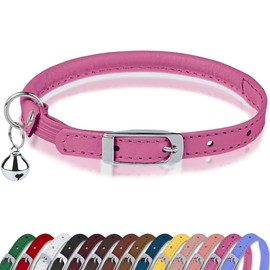 OOPSDOGGY Rolled Leather Cat Collar with Bell, Reflective Kitten Collars with Buckle Include Safety Elastic Strap - Adjustable Small Pet Collars for Boy Girl Cats (Fucsia)